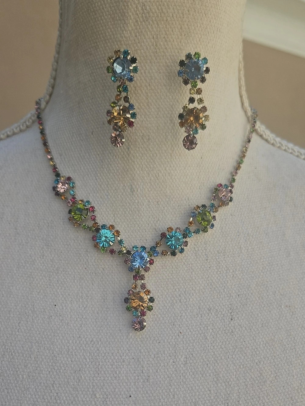 Multicolor Rhinestone Necklace & Earrings New